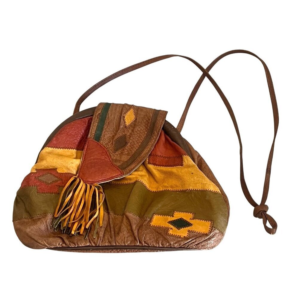 vtg Retro 80's Sereta Multicolor Stitched Patchwork Leather Crossbody‎ Bag - Picture 3 of 8
